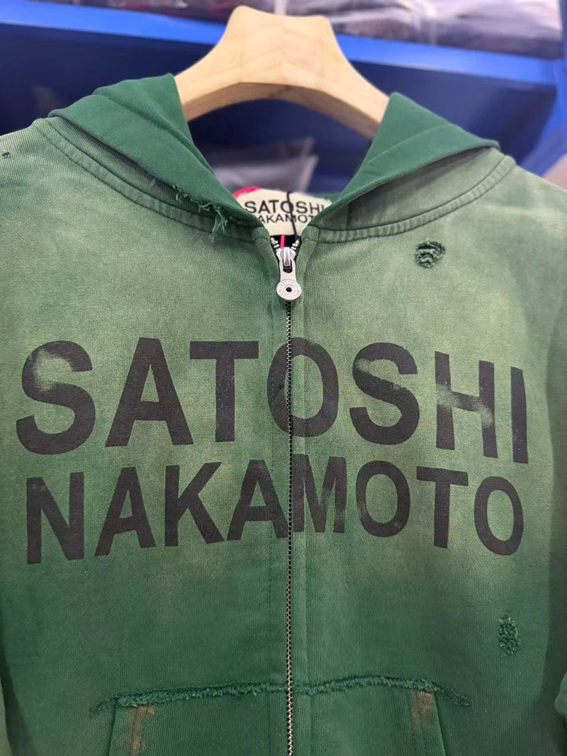 26ss Winter Green Oversize Street Outfit SATOSHI Jacket Washed Retro Distressed Splashed Ink Zipper Hoodie Men Women Loose Hoody - Matrix-studios.com