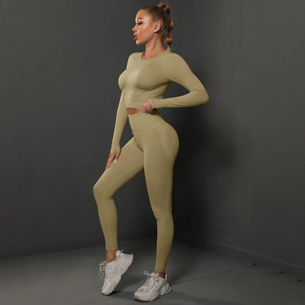 2Pcs Women Sets Energy Seamless Gym Suits Bubble Butt Sports Pants+Long Sleeve Shirts Push Up Running Sets Tracksuits Tights Set - Matrix-studios.com