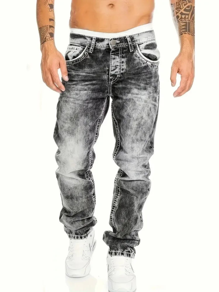 European American Jeans Men's Autumn New Slim Elastic Trousers Fashionable Vintage Wash Denim Pants Male Streetwear - Matrix Studios