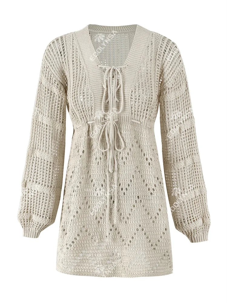 Sexy Deep V-neck Lace-up Bell Sleeve Knit Mesh Hollow Out Beach Mini Dress 2026 Summer Swimsuit Cover Up Women Casual Tunic K14 - Matrix Studios