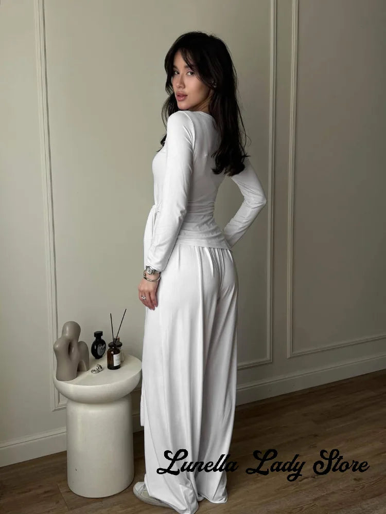 Women Brown Boat Neck Long Sleeve Side Tie Waist Slim Top Wide Leg Pants Elegant Daily Commuter Fashion Lady 2 Piece Outfit Set