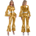 Womens 70S Disco Vintage Jumpsuit Metallic Shiny Flare Sleeve Bodysuit Hippie Bell Bottom Jazz Dance Carnival Rave Party Costume - Matrix Studios