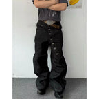 American Retro Long Row Button Design Men's Jeans High Street Loose Wide Leg Floor-Length Trousers Trendy Casual Jeans - Matrix Studios