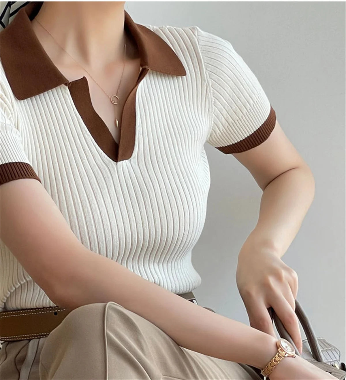 Short Sleeve Polo Neck Knitted Tops Women Lightweight Knitted Sweater Polo Shirts Elegant Office Lady Casual Chic Outfit - Matrix-studios.com