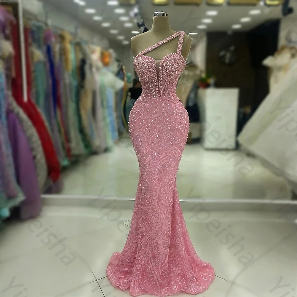 Customized Exquisite Evening Dresses Gorgeous Dazzling One Shoulder Backless Fishtail Gown Beading Long Dress Formal Party Gowns - Matrix-studios.com