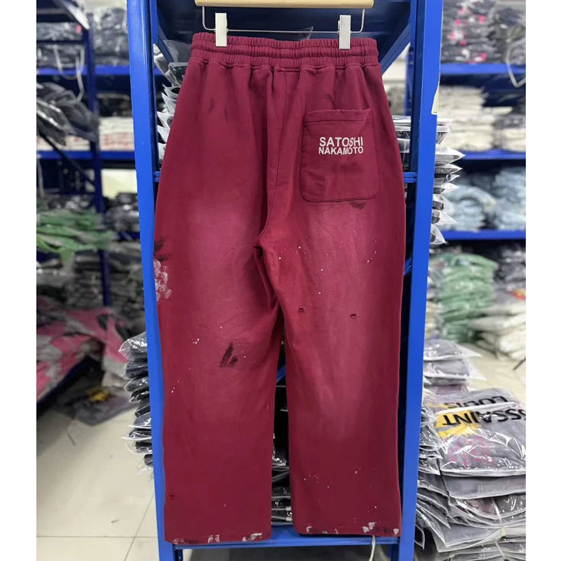 Quality Real Picture Sweatshirt Casual Pants Ink Splatter Waist Ripped Hole Drawstring Sports Satoshi Nakamoto Sweatpants - Matrix-studios.com