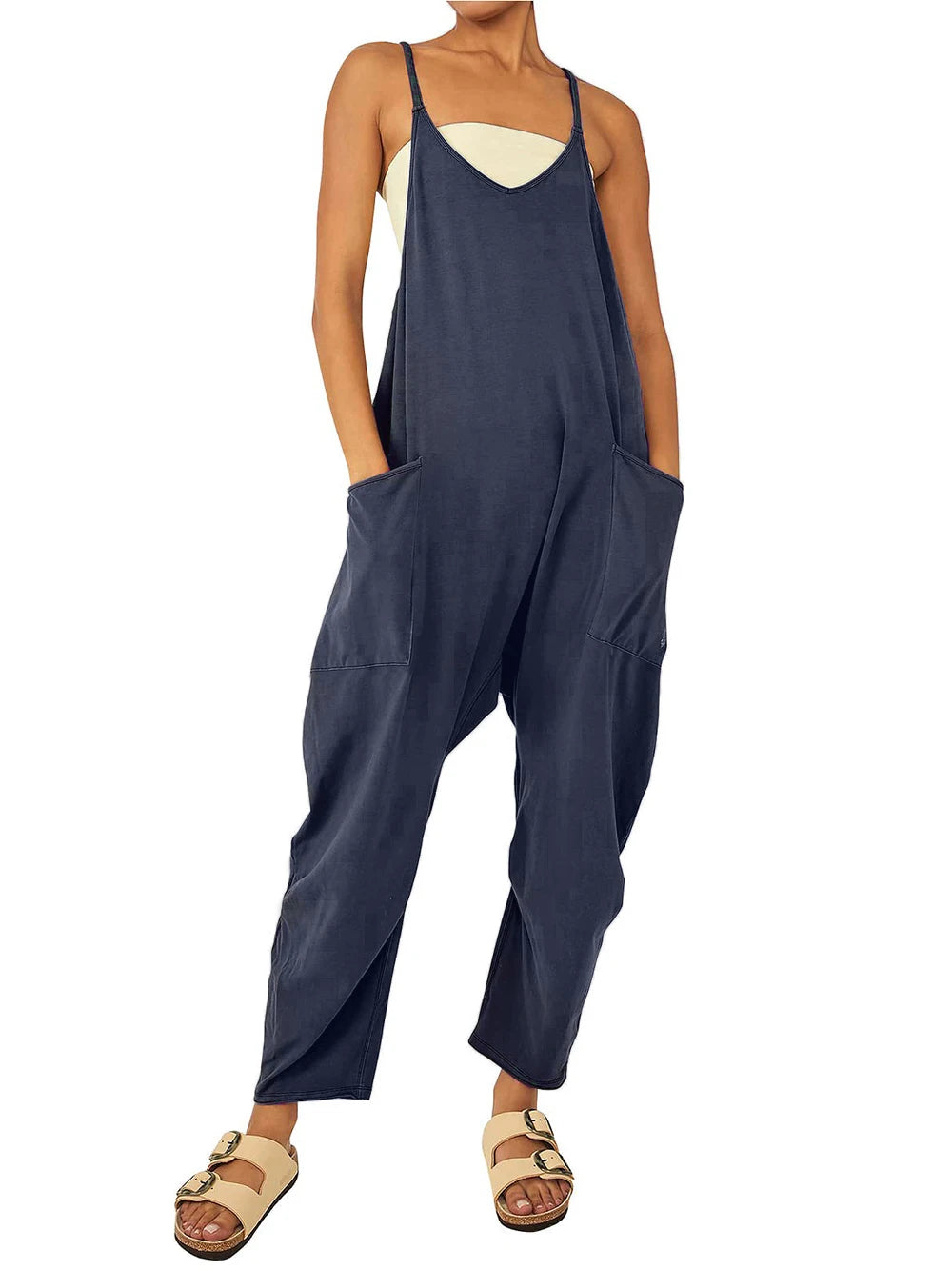 2024 New loose foreign trade women's pure color patch bag zipper jumpsuit suspenders jumpsuit - Matrix Studios