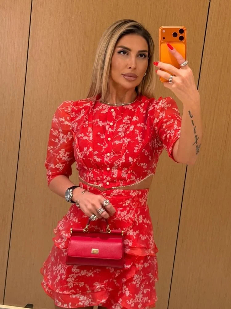 Women's Floral Print Two Piece Set 2026 New Women Puff Sleeve Crop Top + Tiered Ruffle Mini Skirt Casual Vacation Party Outfit - Matrix-studios.com