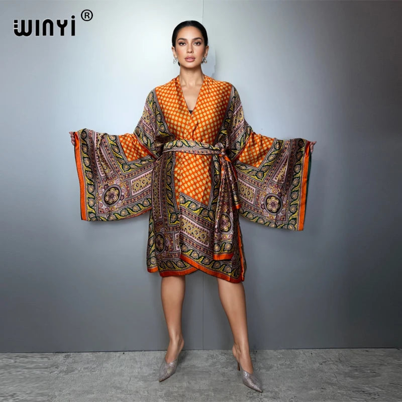 WINYI kimono beach outfits women Swim Suit Cover up boho Cardigan stitch Self Belt Holiday long Sleeve coat holiday kaftan coat - Matrix Studios