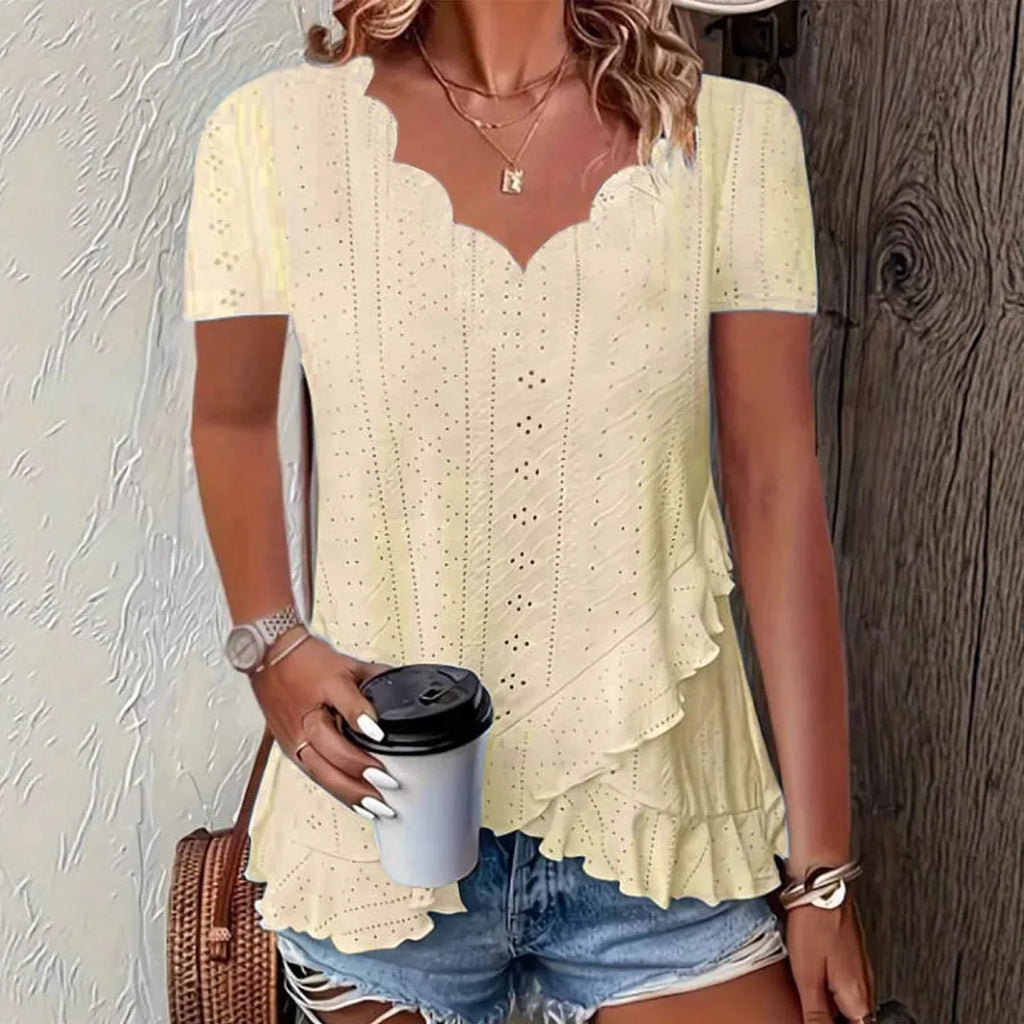 Women's Fashion Blouses Summer 2025 Ruffles Loose Hollow Out Tops Casual Solid Colors Wave V-Neck Short Sleeve White Shirts Lady - Matrix-studios.com