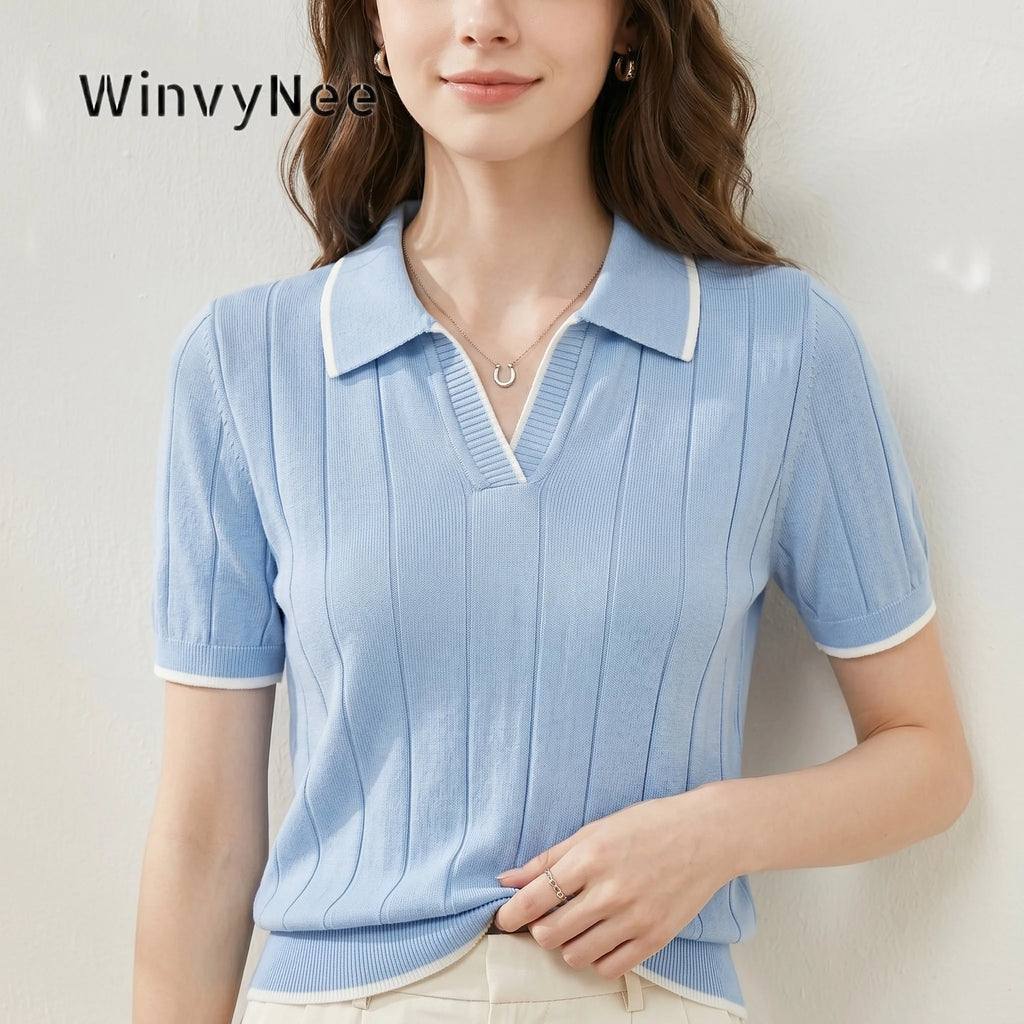 WinvyNee Summer Short Sleeve Women's Solid Polo Collar T-Shirt Casual Cotton Tops Women Clothing Y2k Elegant Knitted A1092079 - Matrix-studios.com