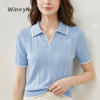 WinvyNee Summer Short Sleeve Women's Solid Polo Collar T-Shirt Casual Cotton Tops Women Clothing Y2k Elegant Knitted A1092079 - Matrix-studios.com