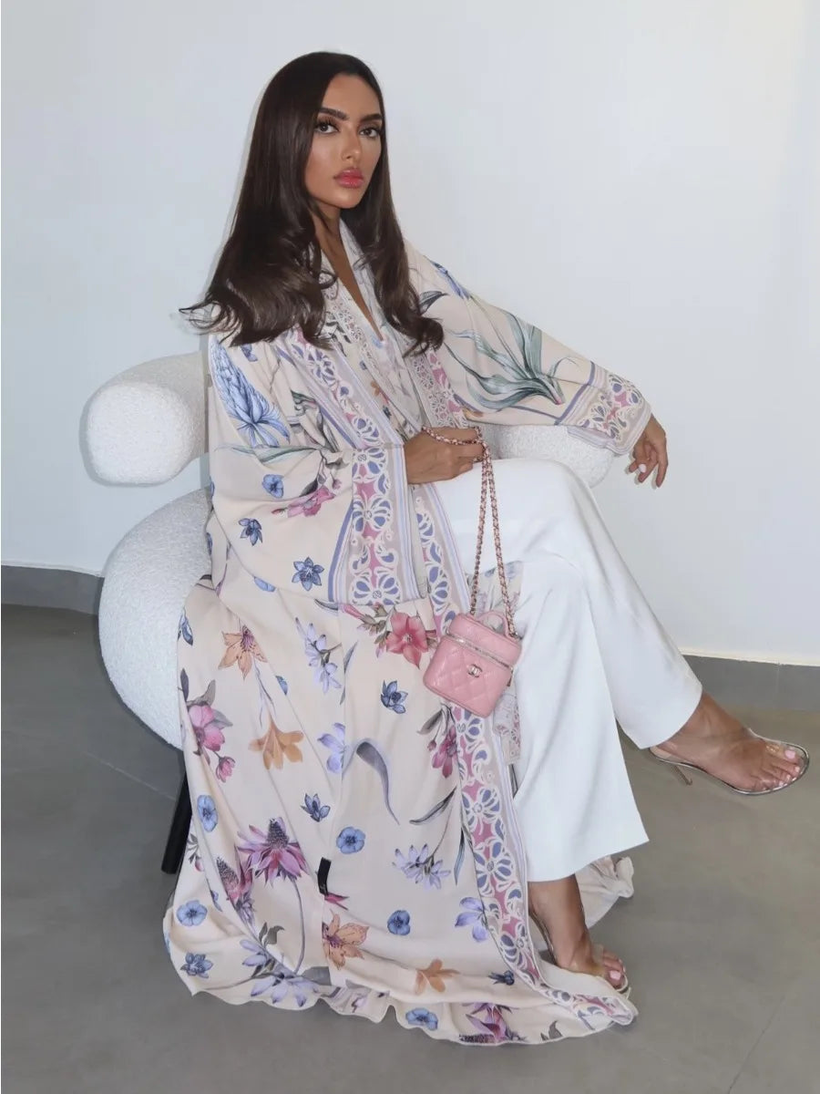 Eid Women Abaya Flower Print Open Cardigan Scarf Party Dress Muslim Long Sleeve Jalabiya Ramadan Abayas Kaftan Arab Long Robe - Matrix-studios.com