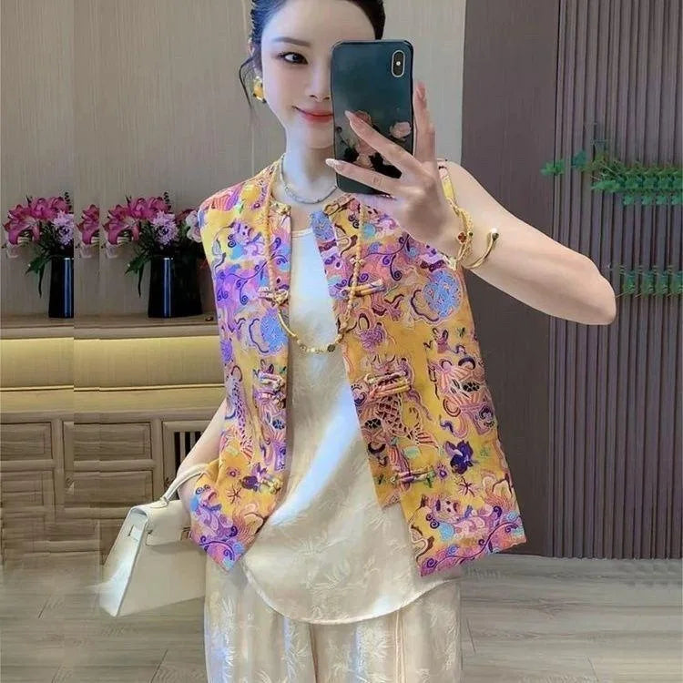 Thin Vest for Women Clothing Ethnic Style Print Vintage Clothes Streetwear Coats Women Jackets Chinese style Casual Summer - Matrix Studios