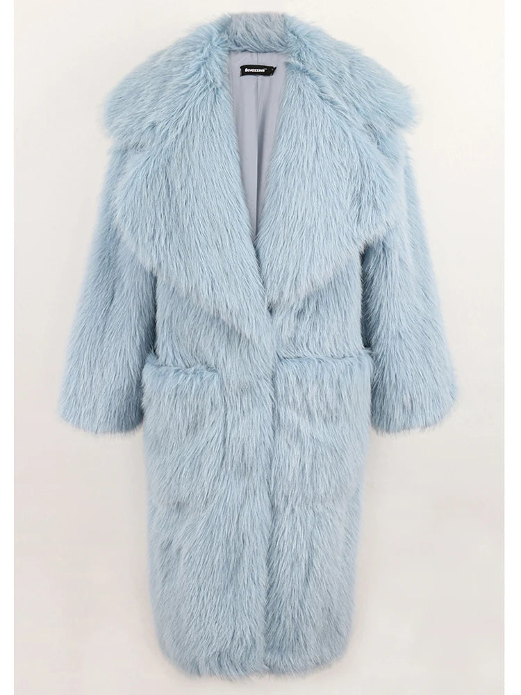 Lautaro Winter Long Oversized Pink Thick Warm Soft Shaggy Fluffy Faux Fur Coat Women Pockets Lapel Loose Sweet Cute Fashion 2022 - Matrix Studios