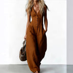 Sleeveless V-neck Buttoned Pocket Solid Color Loose Commuting Pocket Jumpsuit Women Summer New Beach Vacation All-match Jumpsuit - Matrix Studios