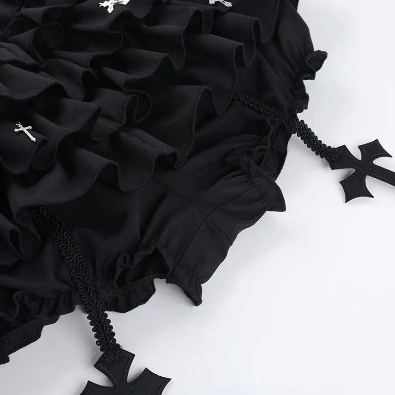 Women Skirts Tiered Ruffles Mini Skirt with Cross Charms Built-in Shorts Kawaii Sukapan Skort Gothic Punk Coquette Y2K E-girl - Matrix-studios.com