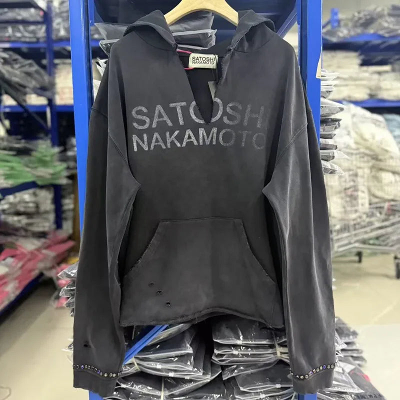 Winter Oversize SATOSHI Hoodie Retro Washed Black Destroy Collar Colorful Rivet Hood SweatshirtsMen Women Hiphop Street Outfit - Matrix-studios.com