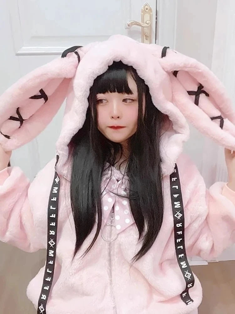 Lautaro Autumn Oversized Sweet Cute Soft Purple Black Faux Fur Coat Women with Bunny Ears Kawaii Loose Fluffy Jacket Hoodie 2023 - Matrix Studios