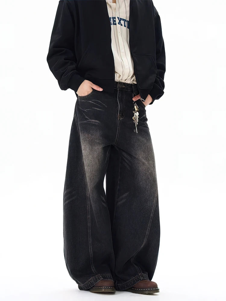 Vintage Black Washed Baggy Jeans Pants Men Wide Leg Curved Blade Pants Streetwear Cowboy Casual Denim Straight Trousers - Matrix Studios