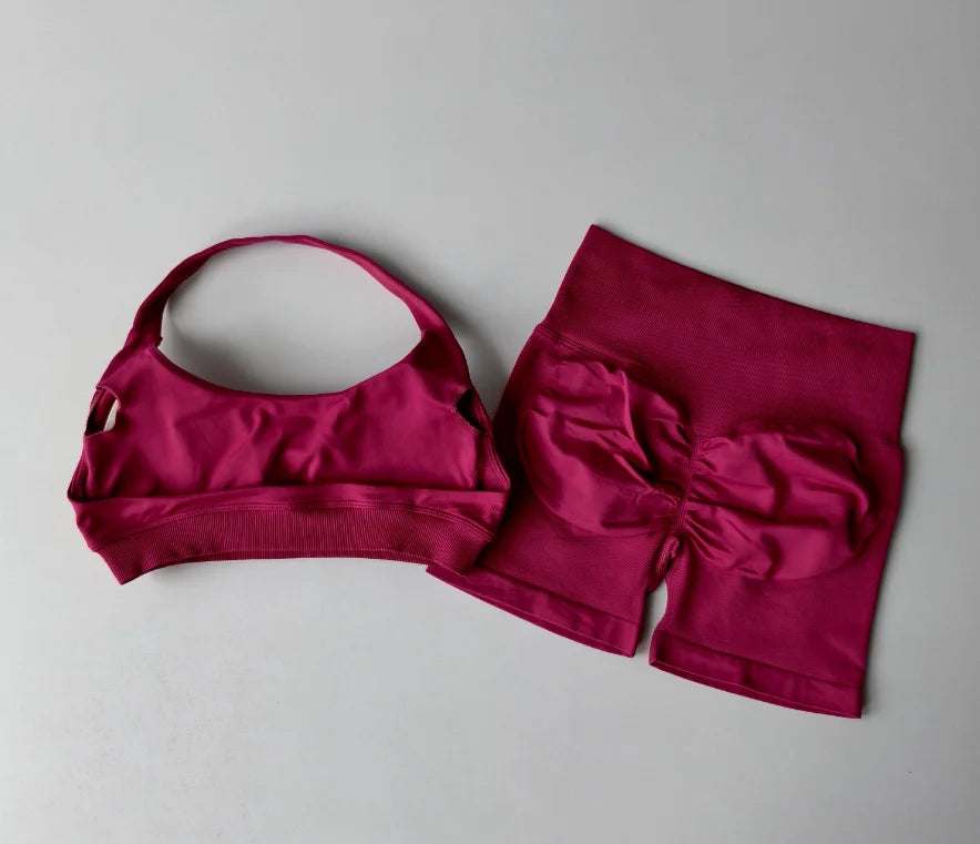2PCs Peach High Waist Belly Hip Lifting Sports Bras Shorts Suit Gathering Shock-proof Neck Halter Yoga Suit Running Fitness Set - Matrix-studios.com