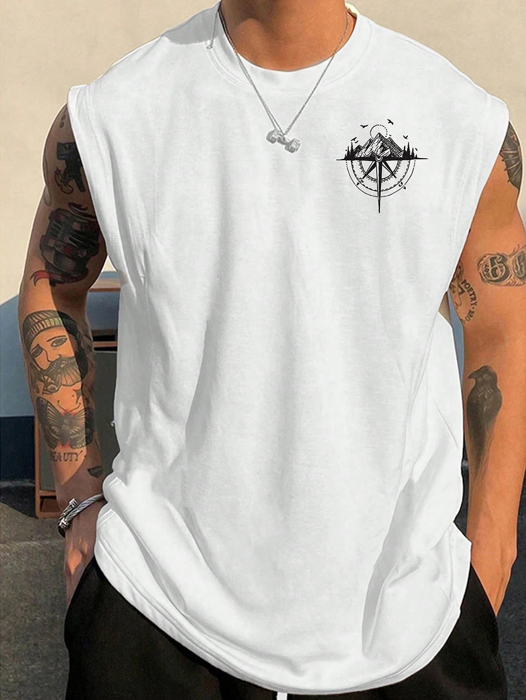 Men's Fashionable Casual Sports Loose Compass and Mountain Pattern Print Comfortable and Breathable Round Neck Sleeveless Vest - Matrix Studios