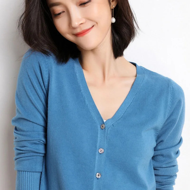 Cardigans Women 2025 Autumn Single Breasted V-neck Knitted Sweater Fashion Short Knitwear Solid Blue Green Pink Women's Jumpers - Matrix Studios
