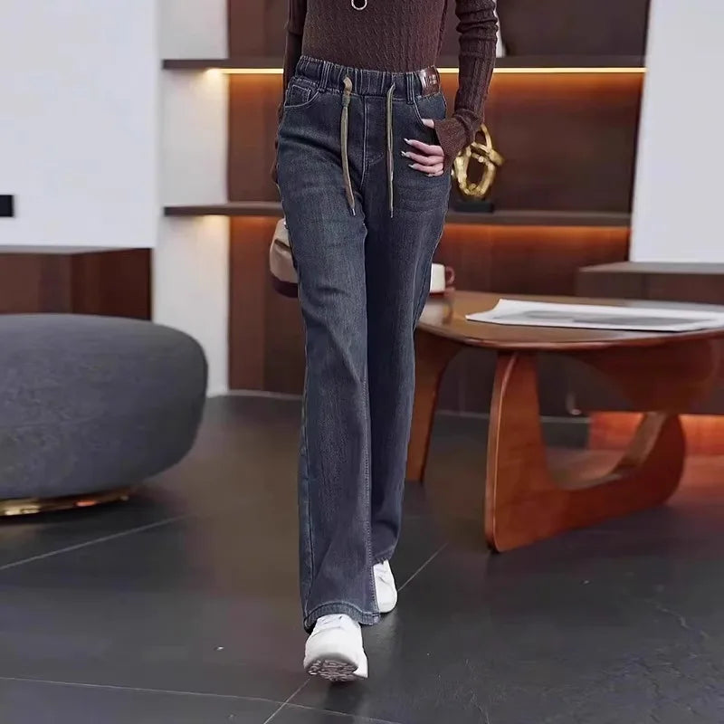 Loose Fit High Waist Wide Leg Jeans Women plus Size Light Blue Elastic Waist Dstring Trousers Autumn Faion plus Size - Matrix-studios.com