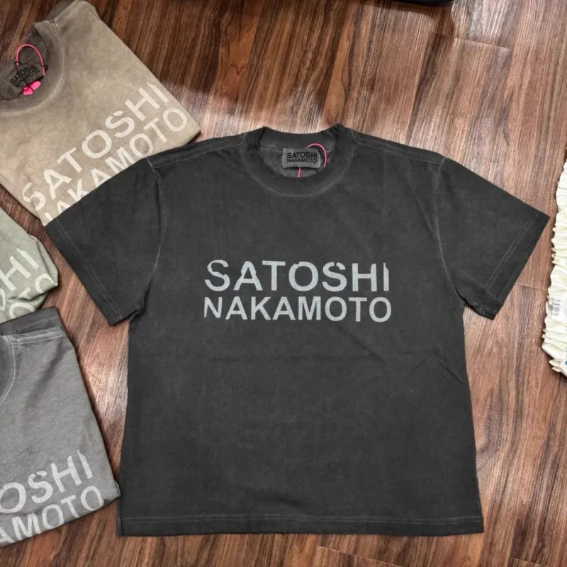 Summer High Streetwear Vintage Washed Worn Fading Classic Letter SATOSHI Tshirts Men Women Cyberpunk Short Sleeve Y2K Tops - Matrix-studios.com