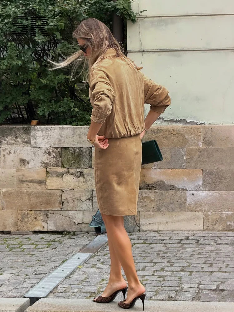 SINGREINY Imitation Suede Leather Jacket Two Pieces Suits Women Lapel Loose Outerwear 2026 Autumn Casual Midi Split Skirts Sets - Matrix-studios.com