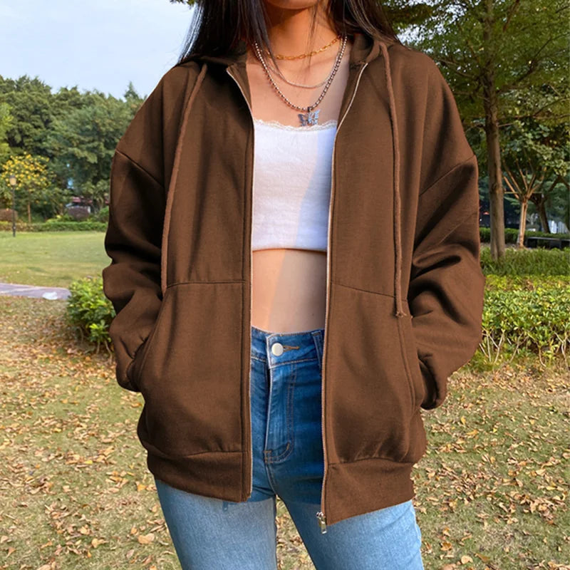 Autumn Fleece Hoodie Solid Color Hooded Korean Fashion Sweatshirts Long Sleeve Top Drawstring Pockets Loose Zipper Black Hoodies - Matrix Studios