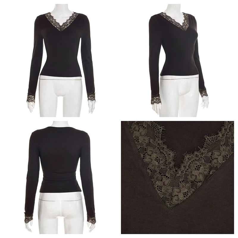 Tornova V neck Lace T shirt Top Women Sexy Navel Exposed Pullover Fashion Splice Hot Girl Club Party Top Autumn New Lady T shirt - Matrix-studios.com
