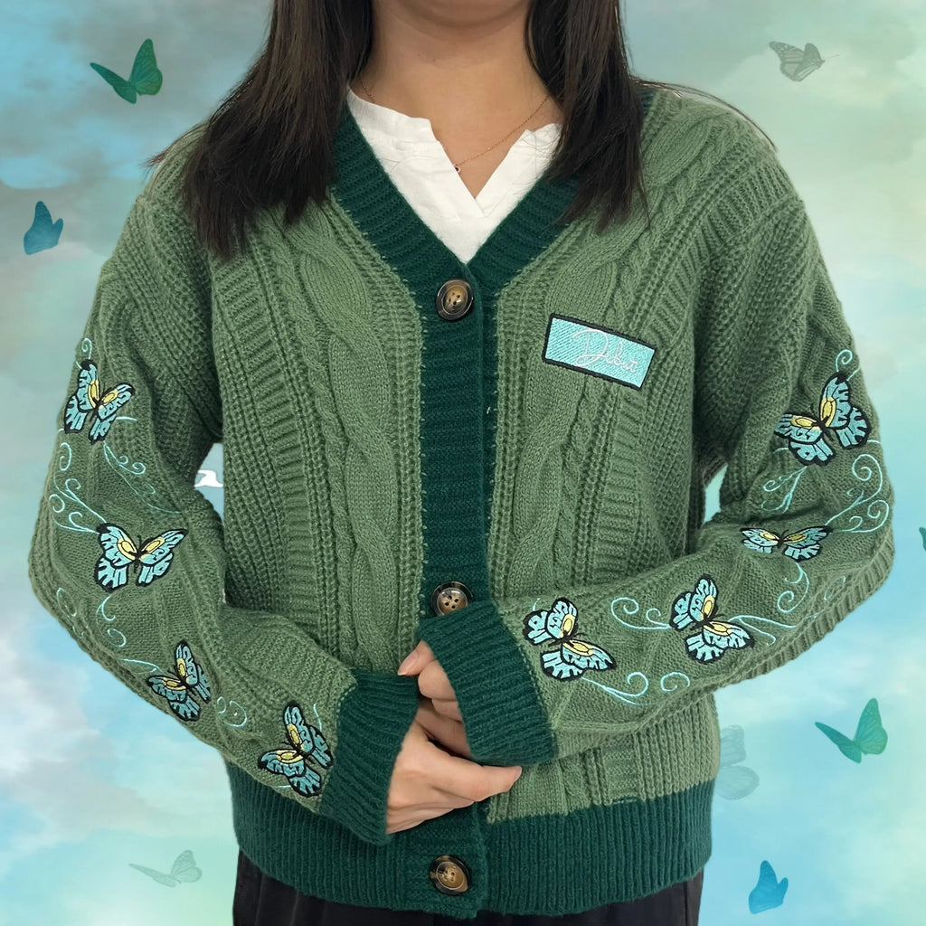 Butterfly Knitted Cardigan Women Dark Green Cardigans with Embroidery Winter Letter Patch Oversized Sweaters Tops Folklore Girl - Matrix Studios