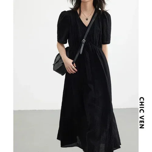CHIC VEN Women Dresses French Style Vintage V-neck Puff Sleeve Long Dress Solid Black Loose Female Clothing Summer New 2023 - Matrix-studios.com