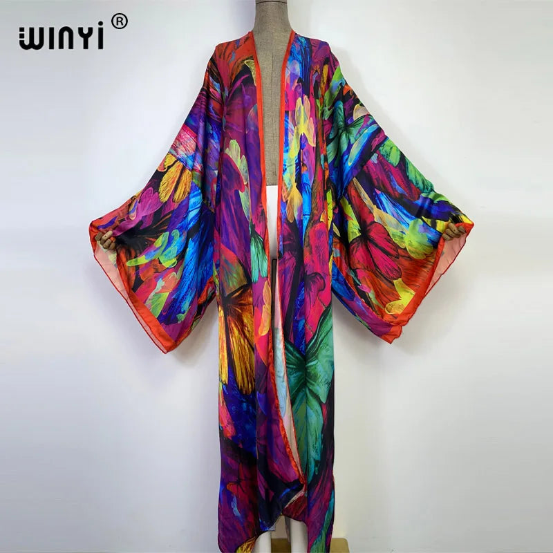 2022 New WINYI Summer Butterfly Printing Beach Wear Swim Suit Elegant Africa Women Boho Cardigan Sexy Holiday Long Sleeve Kimono - Matrix Studios