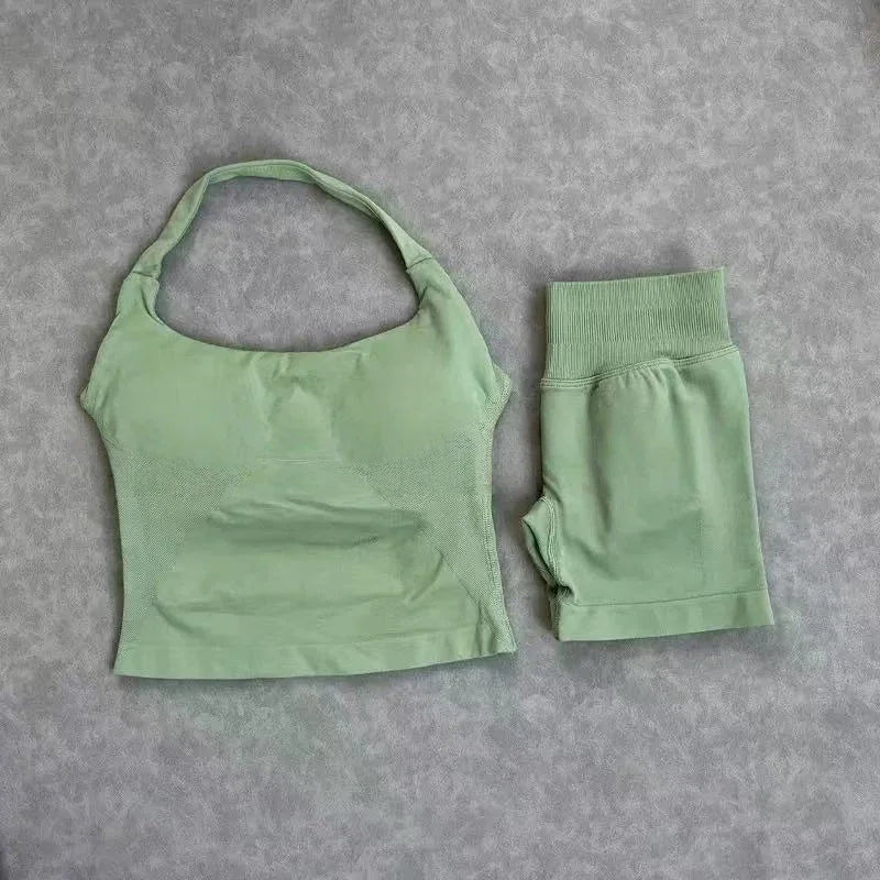 No Logo 2 Pieces Sports Set Women Backless Tank Tops High Waist Scrunch Seamless Shorts Gym Set Sportswear Workout Set Yoga - Matrix-studios.com