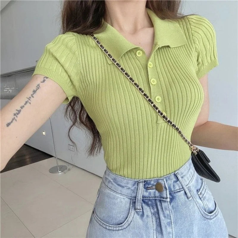 New Polo Women TShirt Ribbed Knitted Sexy Tops Summer Basic Shirts Skinny Slim Casual Short Sleeve Vest Women's Top White Black - Matrix-studios.com