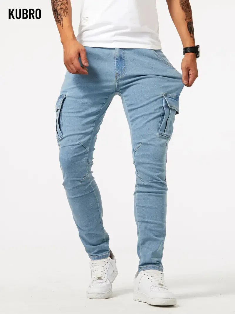 Street Elastic Jeans Men Denim Cargo Pants Wash Solid Color Multi Pockets Casual Mid Waist Trousers Slim Fit Daily Wear Joggers - Matrix Studios