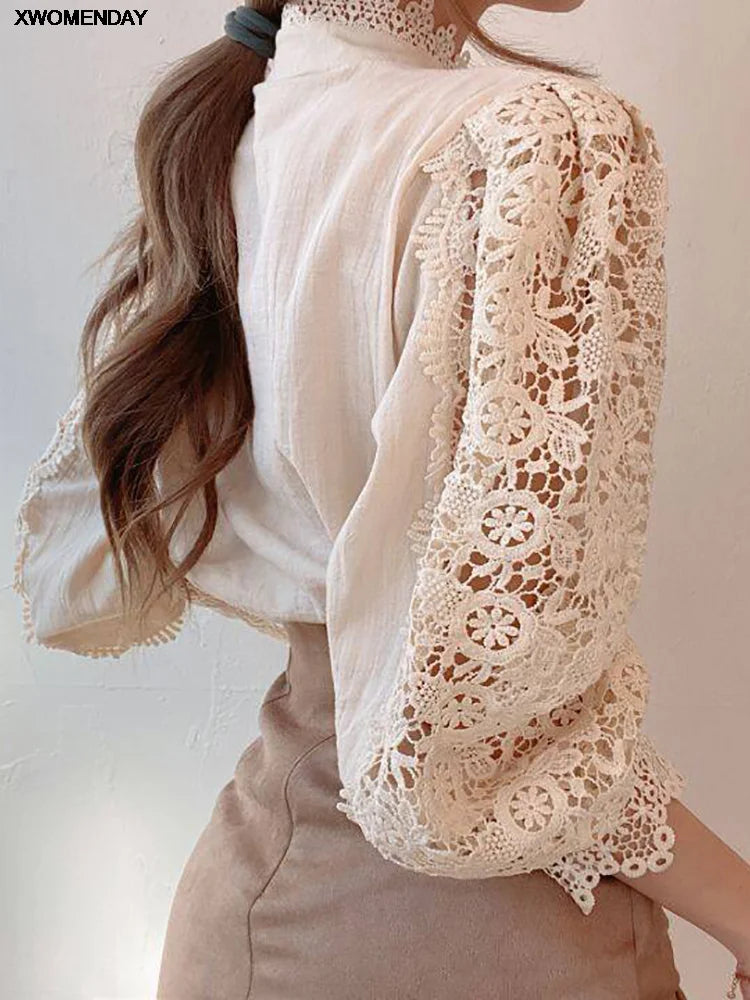 Women Chiffon Button Turtleneck Shirt Chic Elegant Floral Lace Fluffy Long Sleeve Top Fashion Hollow Oversize White Blouse 2025 - Matrix-studios.com