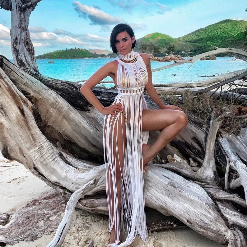 Bohemian Crochet Knitted Women Beach Cover Ups Vintage Tassel Halter Neck Long Maxi Dress Backless Vestidos Customizable Colors - Matrix Studios