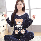 Autumn Thin 2pieces Pyjamas Set Women 2025 Round Neck Girls Bear Pajamas Sets Teacup Cat Full Sleepwear Tops lovers Pajama Mujer - Matrix-studios.com