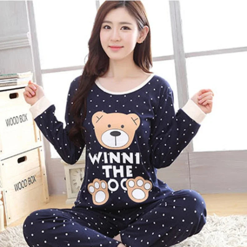 Autumn Thin 2pieces Pyjamas Set Women 2025 Round Neck Girls Bear Pajamas Sets Teacup Cat Full Sleepwear Tops lovers Pajama Mujer - Matrix-studios.com