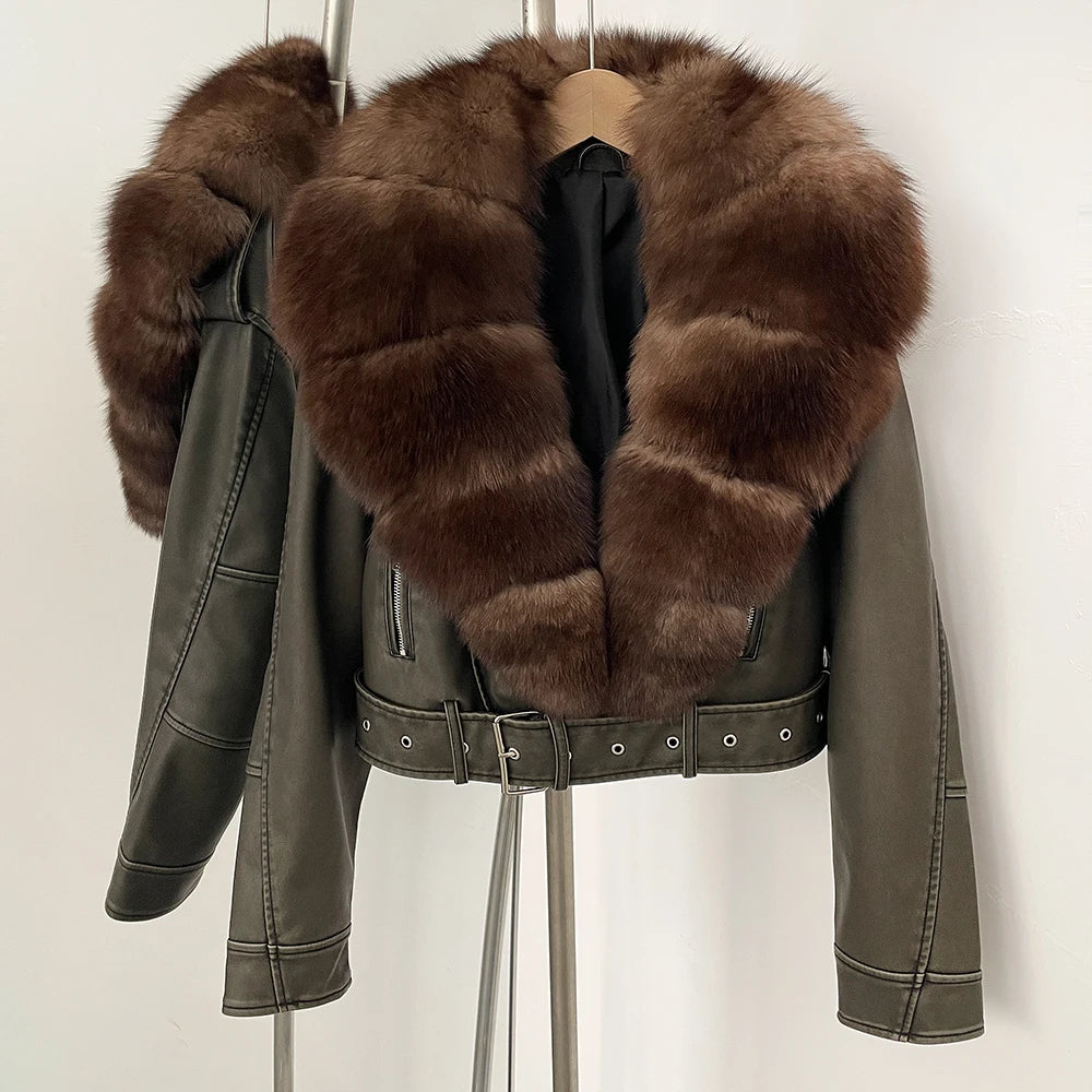OFTBUY Natural Fox Fur Faux Leather Jacket Female New Autumn Short Top Clothing Women Long Sleeve Fake Leather Real Fur Coat - Matrix Studios