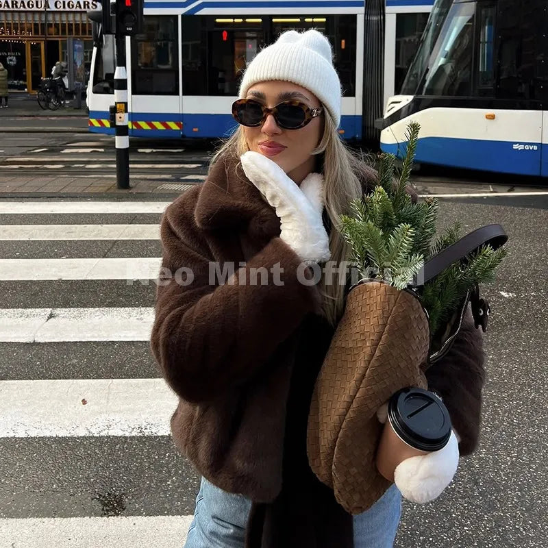 Neo Mint Cool Street Girls Fashion Brown Faux Fur Jacket Women Luxury Fake Mink Fur Coat 2025 Autumn Winter Warm Short Overcoat - Matrix Studios