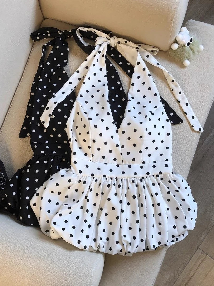 Backless Sexy Halter Beach Babydoll Crop Tops Women Polka Dots V Neck Sleeveless T Shirt Ruffles Basic Tees Not-Padded Pad - Matrix-studios.com