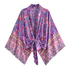 Happie Queens Floral Print Sashes Short  Kimono Women Fashion V Neck Batwing Sleeves Robe Lady Boho Bikini Cover-ups - Matrix Studios