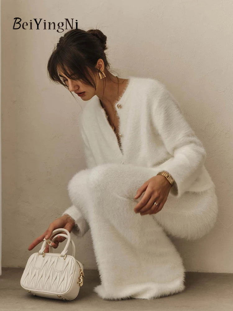 Beiyingni Women Sweater Skirt Suits 2025 Autumn Winter Warm White Maxi Skirts Two Piece Sets for Woman Buttons Tops Matching Set - Matrix-studios.com