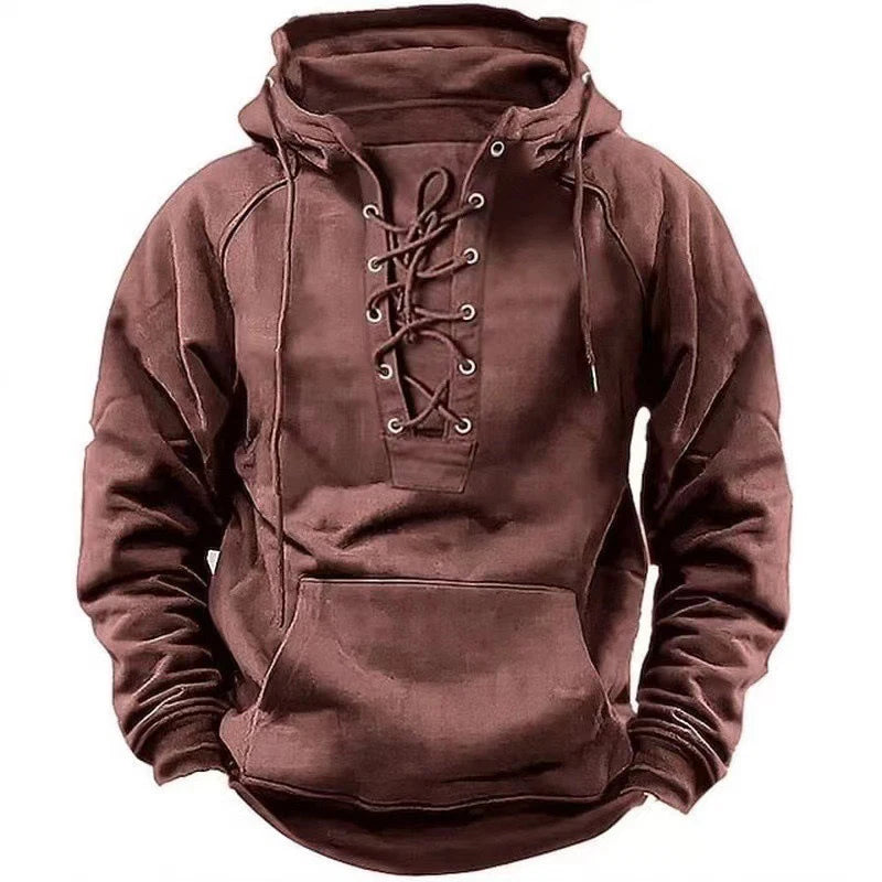 Autumn Fashion Mens Hooded Sweatshirts Lace-up Drawstring Long Sleeve Loose Hoodies Men Streetwear Vintage Solid Color Hoodies - Matrix Studios