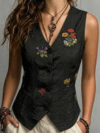 Spring Summer Autumn Linen Gilet with Unique Random Embroidery, Elegant Versatile Commuter Outer‑wear Vest - Matrix Studios