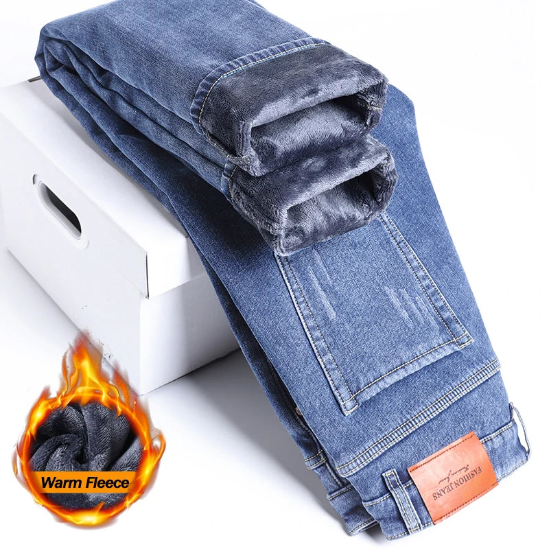 2025 Winter Fleece Jeans Men's Fashion Elastic Slim Straight Warm Trousers Thicken Business Casual Korean Thermal Denim Pants - Matrix Studios